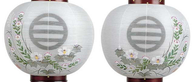 2本一対 本桜 正絹二重の盆提灯 1１号 左右対称柄 芙蓉に菊の図 家紋