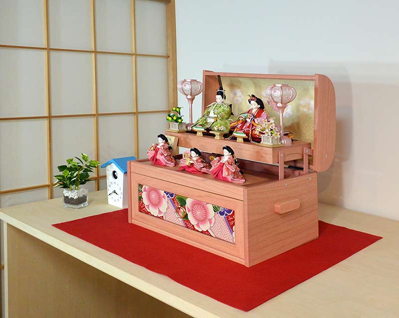 プリンセスひな人形 ピンク宝箱雛 五人飾り コンパクトな総桐製 収納セット 雛人形 五月人形 提灯 山車人形 製造販売 アートこうげつ