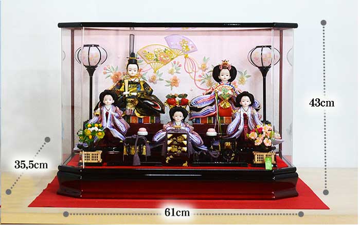 プリンセスひな人形 三人官女つき五人飾り ワインカラー六角雛 ケース 