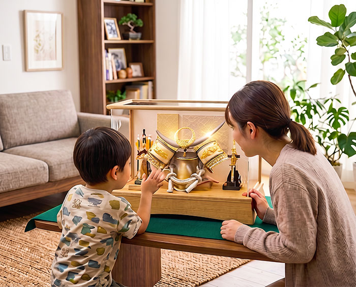 五月人形の兜飾りのケースセットを親子で見ている画像