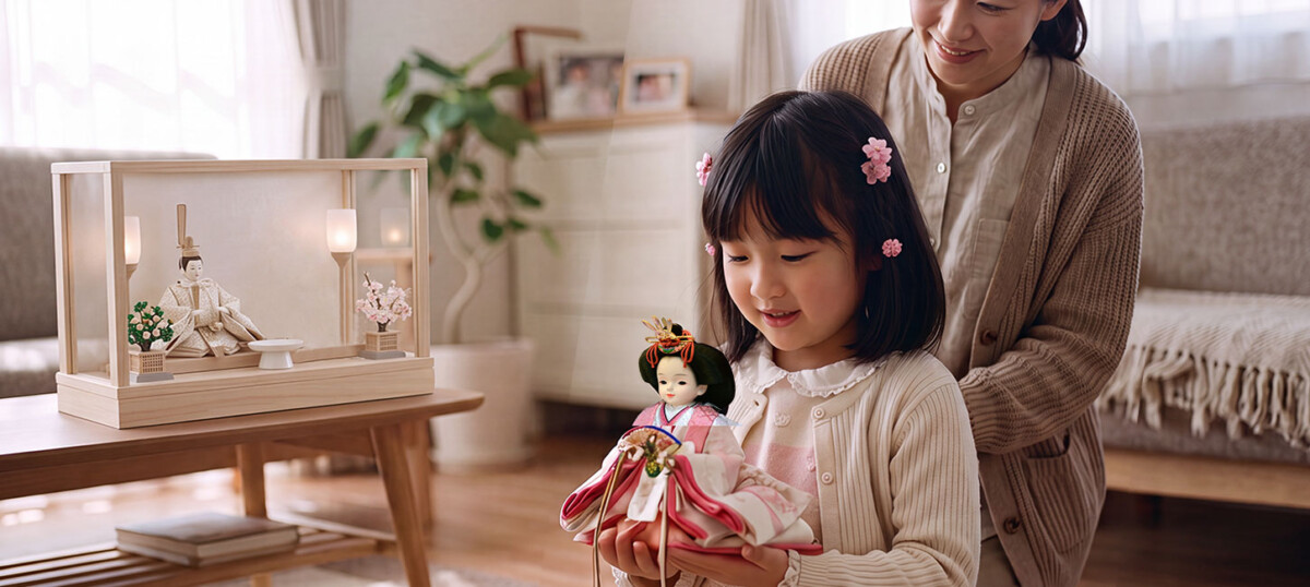 おしゃれでコンパクトなプリンセス雛人形をみている女の親子の画像