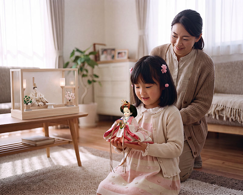 可愛い雛人形で人気のプリンセス雛人形を見ている親子