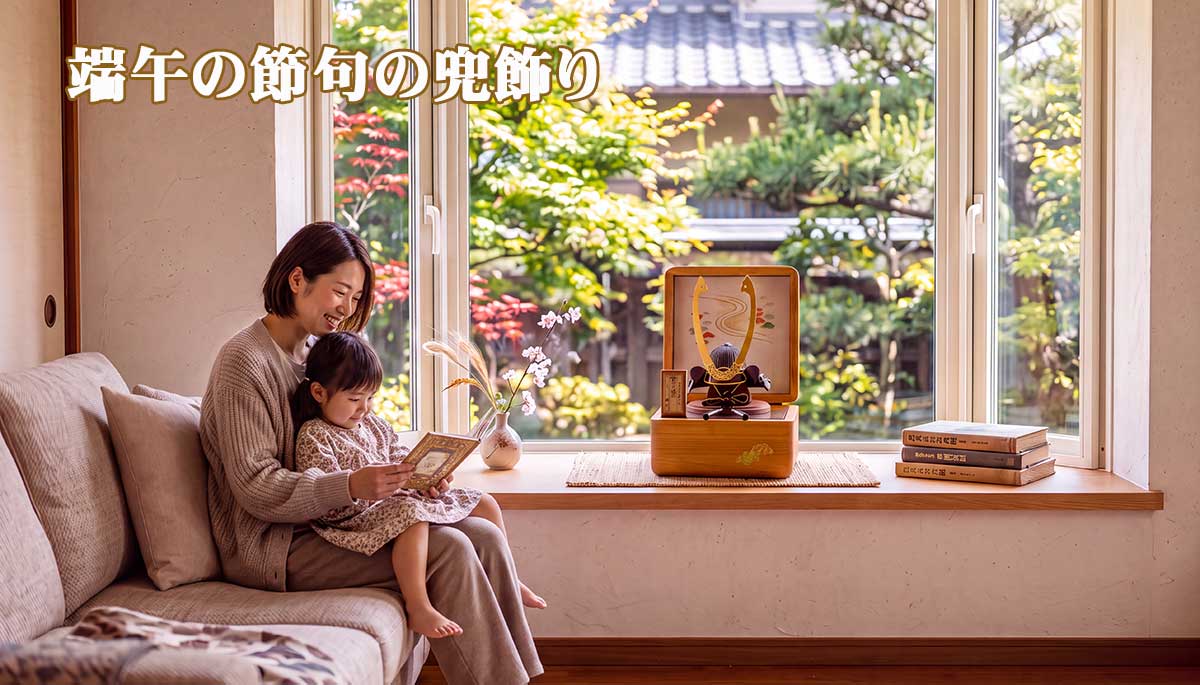 五月人形の兜飾りと本を読む親子の画像
